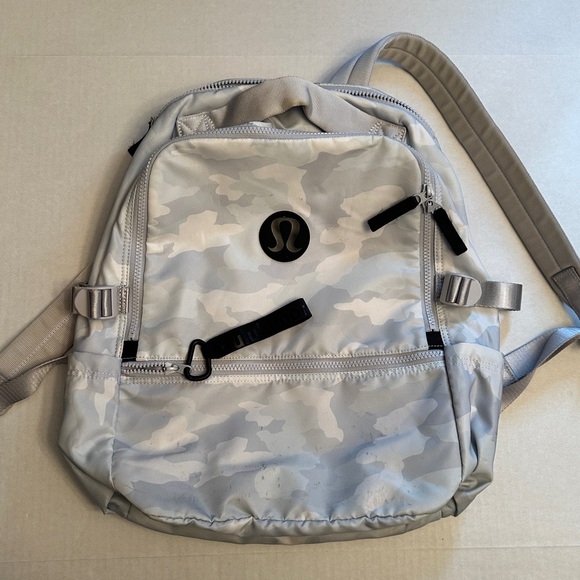 lululemon athletica Handbags - Lululemon Light Gray Camo Backpack Black Logo Hardware Zip Front & Top 18”x16”